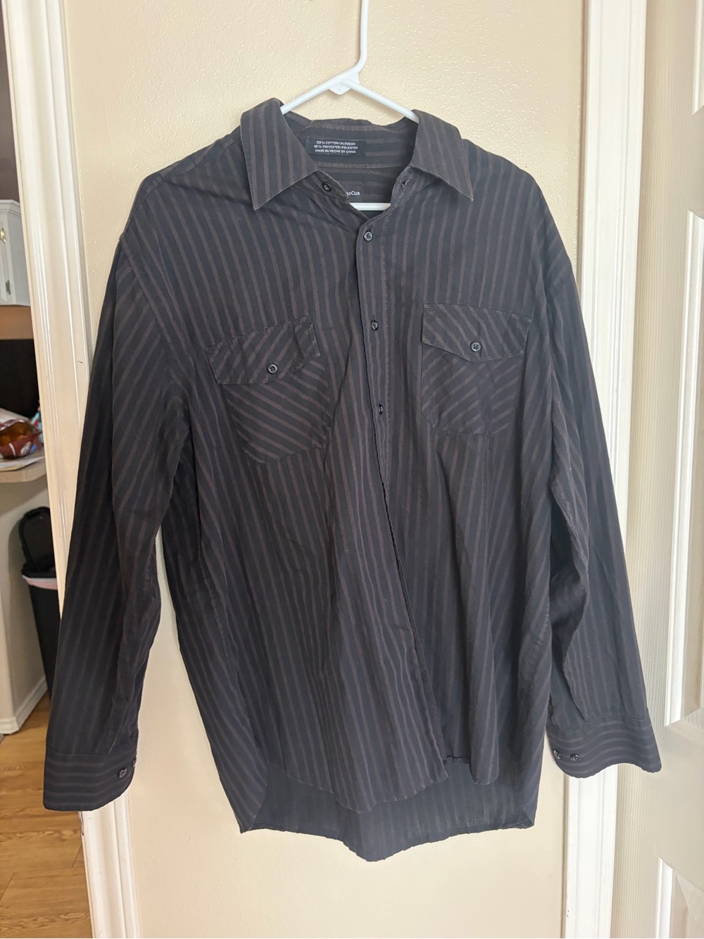 Beverly Hills Polo Club Men's Black and Brown Pinstripe Button-Up Shirt